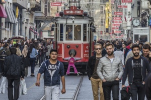 Taksim Tunel with free passengers , Istiklal avenue, Istanbul